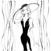 Mode meisje . Schoonheid model in hoed. Graphics. Grijs. Vector illustratie