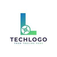 tech letter l-logo. groene geometrische vorm met stip cirkel verbonden als netwerk logo vector. bruikbaar voor bedrijfs- en technologielogo's. vector