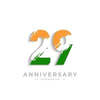 29-jarig jubileumfeest met penseelwitte schuine streep in gele saffraan en groene indische vlagkleur. de gelukkige verjaardagsgroet viert gebeurtenis die op witte achtergrond wordt geïsoleerd vector