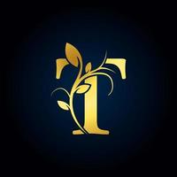 elegant t luxe logo. gouden bloemen alfabet logo met bloemen bladeren. perfect voor mode, sieraden, schoonheidssalon, cosmetica, spa, boetiek, bruiloft, postzegel, hotel- en restaurantlogo. vector