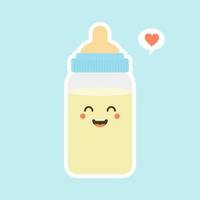 babymelk fles plat ontwerp. grappige melkfles tekens met lachende gezichten, cartoon vectorillustratie geïsoleerd op een achtergrond in kleur. schattig en kawaii melkfles. vector