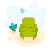 groene fauteuil gezellig interieur, woonkamer cartoon platte concept vectorillustratie, stoel meubilair indoor woonkamer geïsoleerde vorm, moderne home design decoratie. vector