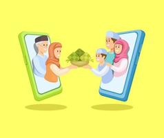 familievergadering groet in ramadan op smartphone 3d klei cartoon illustratie vector
