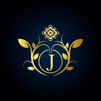 elegant j luxe logo. gouden bloemen alfabet logo met bloemen bladeren. perfect voor mode, sieraden, schoonheidssalon, cosmetica, spa, boetiek, bruiloft, postzegel, hotel- en restaurantlogo. vector