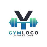 letter y-logo met barbell. sportschool logo. het opheffen van vectorembleemontwerp voor gymnastiek en fitness. alfabet letter logo sjabloon vector