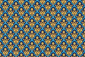 gele bloem op marineblauw, wit geometrische etnische Oosterse patroon traditioneel ontwerp voor achtergrond, tapijt, behang, kleding, verpakking, batik, stof, vector illustratie borduurstijl