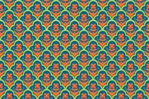 oranje bloem op indigo blauw, groen geometrische etnische oosterse patroon traditioneel ontwerp voor achtergrond,tapijt,behang,kleding,inwikkeling,batik,stof, vector illustratie borduurstijl