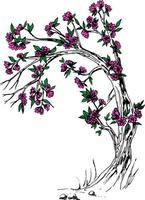 handgetekende hout met roze bloemen. schets stijl vector illustratie