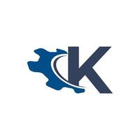 bedrijfsletter k met swoosh automotive gear logo-ontwerp. geschikt voor bouw-, automobiel-, mechanische, technische logo's vector