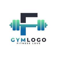 letter f-logo met barbell. sportschool logo. het opheffen van vectorembleemontwerp voor gymnastiek en fitness. alfabet letter logo sjabloon vector