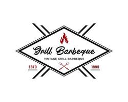 klassieke vintage retro label badge voor grill barbecue barbecue bbq met gekruiste vork en vuurvlam logo ontwerp inspiratie vector