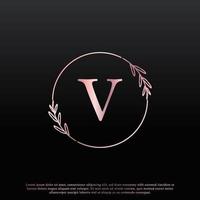 elegant v-letter cirkel bloemen logo met creatieve elegante blad monogram aftakkingslijn en roze zwarte kleur. bruikbaar voor bedrijfs-, mode-, cosmetica-, spa-, wetenschaps-, medische en natuurlogo's. vector