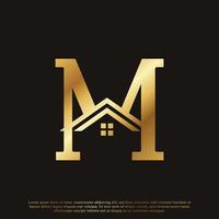 eerste letter m huis huis gouden logo ontwerp. onroerend goed logo concept. vector illustratie