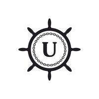 letter u in het stuur van het schip en een cirkelvormig kettingpictogram voor inspiratie voor het nautische logo vector