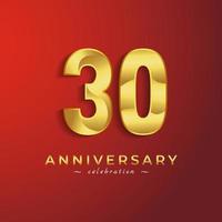 30-jarig jubileumfeest met gouden glanzende kleur voor feestgebeurtenis, bruiloft, wenskaart en uitnodigingskaart geïsoleerd op rode achtergrond vector