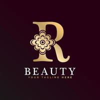 elegant r luxe logo. gouden bloemen alfabet logo met bloemen bladeren. perfect voor mode, sieraden, schoonheidssalon, cosmetica, spa, boetiek, bruiloft, postzegel, hotel- en restaurantlogo. vector