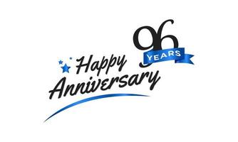 96-jarig jubileumfeest met blauwe swoosh en blauw lintsymbool. de gelukkige verjaardagsgroet viert de illustratie van het sjabloonontwerp vector