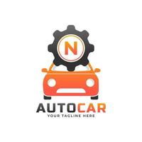 letter n met auto-onderhoudsvector. concept automotive logo-ontwerp van sportwagen. vector