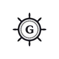 letter g in het stuur van het schip en cirkelvormige ketting icoon voor nautische logo-inspiratie vector