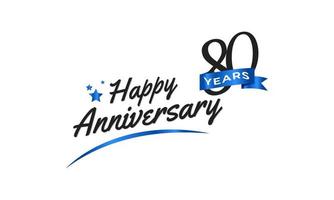 80-jarig jubileumfeest met blauwe swoosh en blauw lintsymbool. de gelukkige verjaardagsgroet viert de illustratie van het sjabloonontwerp vector