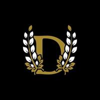 eerste letter d gekoppeld monogram gouden lauwerkrans logo. sierlijk ontwerp voor restaurant, café, merknaam, badge, label, luxe identiteit vector
