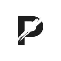 letter p-logo met witte schuine streep in zwarte kleur vector sjabloonelement