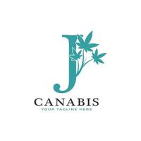 letter j groen canabis logo alfabet met medisch marihuanablad. bruikbaar voor bedrijfs-, wetenschaps-, gezondheidszorg-, medische en natuurlogo's. vector