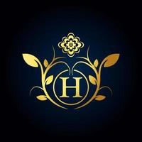 elegant h luxe logo. gouden bloemen alfabet logo met bloemen bladeren. perfect voor mode, sieraden, schoonheidssalon, cosmetica, spa, boetiek, bruiloft, postzegel, hotel- en restaurantlogo. vector