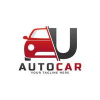letter u met auto-onderhoudsvector. concept automotive logo-ontwerp van sportwagen. vector