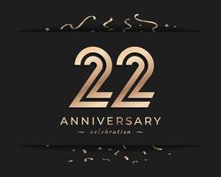 22-jarig jubileumviering logo stijl ontwerp. de gelukkige verjaardagsgroet viert gebeurtenis met gouden meerdere lijn en confettien die op donkere achtergrondontwerpillustratie worden geïsoleerd vector