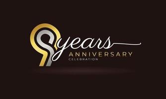 9-jarig jubileumviering logo met gekoppelde meerdere lijn zilveren en gouden kleur voor feestgebeurtenis, bruiloft, wenskaart en uitnodiging geïsoleerd op donkere achtergrond vector