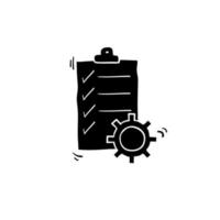 doodle Klembord met versnelling geïsoleerd pictogram. technische ondersteuning checklist icoon. beheer platte pictogram concept. software development.with handgetekende lijn kunststijl vector