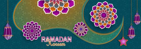 islamitische heilige maand, ramadan kareem banner versierd met hangende lampen en bloemelementen met behulp van papier gesneden stijl ontwerp vector