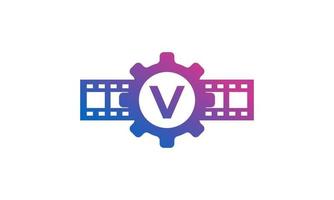 beginletter v versnelling tandwiel met reel strepen filmstrip voor film film bioscoop productie studio logo inspiratie vector