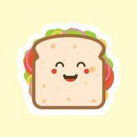 schattig en kawaii van sandwichbroodkarakter met groenten. ontbijt. plak kaassandwich met tomaat, sla en spek, worst platte ontwerpstijl. lekker vegetarisch eten. vector