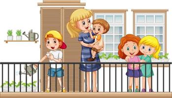 balkonscène met een vrouw en haar kinderen vector