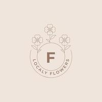 letter f bloem logo's embleem ontwerpsjabloon met botanische planten en bloemblaadjes vector illustraties minimale lijn kunststijl. overzichtssymbolen voor cosmetica en verpakkingen of branding van bloemenproducten