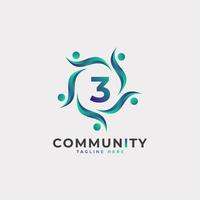 gemeenschap nummer 3 verbindende mensen logo. kleurrijke geometrische vorm. platte vector logo-ontwerpsjabloon sjabloon.