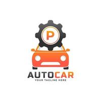 letter p met auto-onderhoudsvector. concept automotive logo-ontwerp van sportwagen. vector