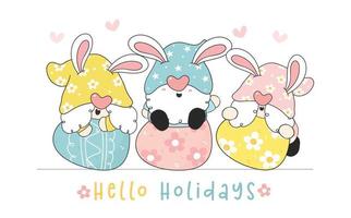 vrolijk Pasen-wenskaart afdrukbaar, groep van drie leuke vrolijke grappige gnome pastel op easter eggshell, elf cartoon tekening overzicht vector