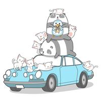 Kawaii dierlijke karakters en auto. vector