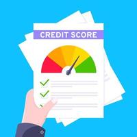 hand houdt credit score meter snelheidsmeter indicator met kleurniveaus op vellen papier en dossier. vector