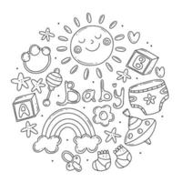 zwart-wit set met elementen rond het thema van de geboorte van een kind in een eenvoudige schattige doodle-stijl in de vorm van een cirkel. vector baby illustratie geïsoleerd op de achtergrond.