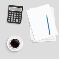bedrijfsconcept. realistische papieren met potlood en kopje koffie op blauwe achtergrond. vector illustratie