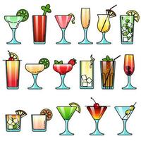 populaire kleurrijke alcohol cocktail drinken glazen icon set voor menu, party, branding, web, app design in cartoon stijl. geïsoleerde objecten vector illustratie