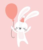 schattig verjaardagskonijn met een feestmuts en een ballon. grappige cartoon bunny vectorillustratie voor verjaardagskaarten, uitnodigingen, kinderkamer poster, art print en babykleding. vector