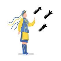 een Oekraïens meisje in een nationaal kostuum stopt bommen. geen oorlog in Oekraïne vector