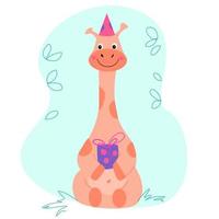 de giraf in de dop glimlacht en houdt het geschenk vast. vector
