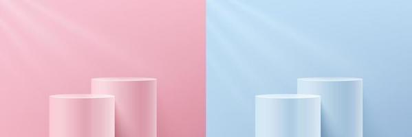 set van abstracte 3D-transparante glazen cilinder sokkel podium op roze en blauwe pastel wandscène en verlichting. verzameling van vector rendering geometrisch platform voor product display presentatie.
