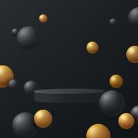 abstracte 3d zwarte cilinder sokkel podium drijvend in de lucht met zwarte en gouden bol bal. luxe donkere minimale wandscène voor productpresentatie. vector geometrische rendering platform.